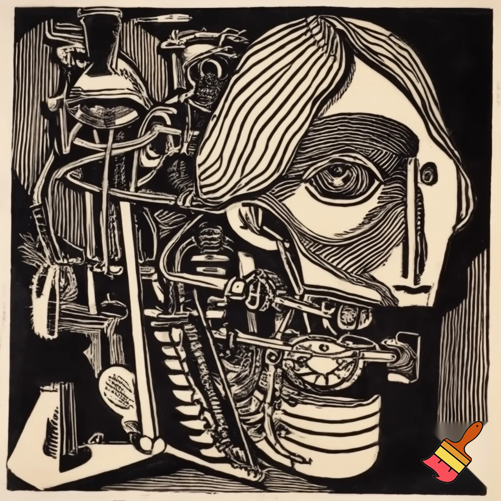 Bio-mechanical post-human noise art. In the style of a 1920's German Expressionist woodcut print. Black & white.