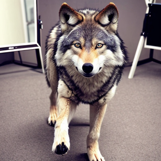 Wolf on 2 legs with cute cloths next to a mirror female