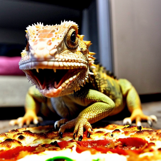 A bearded dragon, eyes fully white with thunder coming out of them, levitating menacingly with pizza in the back round levitating as the lizard flies.