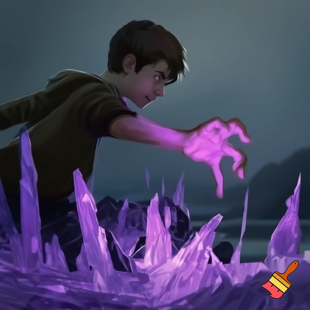 teen boy with his glowing purple hand out to the right, purple tinted ice erupting from the ground in spires, realistic,               side profile