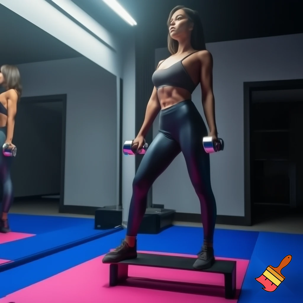 "A woman in athletic leggings holding dumbbells, standing in front of an exercise step. The floor is made of blue and pink tatami mats. On one side of the room, there’s a large mirror reflecting the scene. The gym has a clean, modern vibe, with well-lit space and a motivating atmosphere."