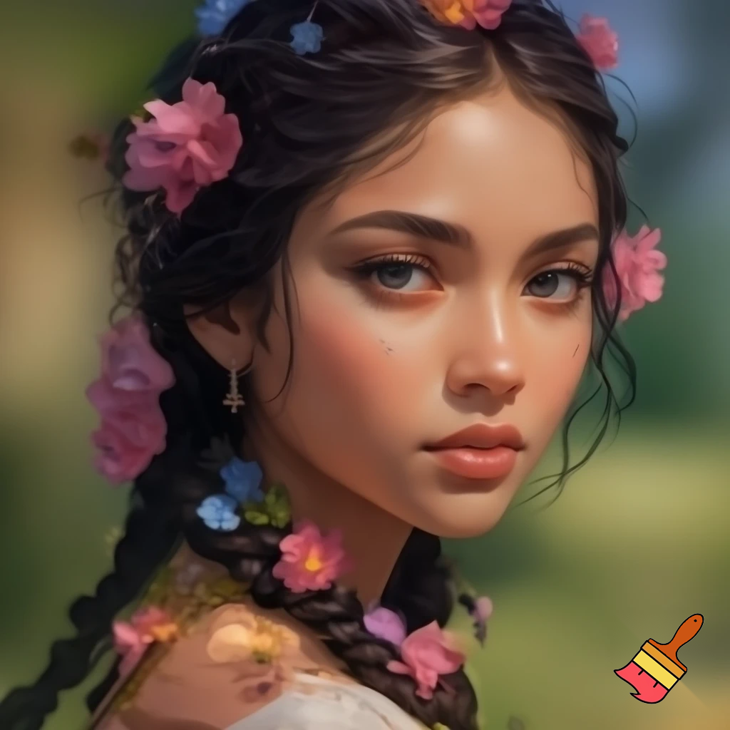 hair was neatly braided with flowers stuck in them, her face was skinny and her eyes were dark blue.