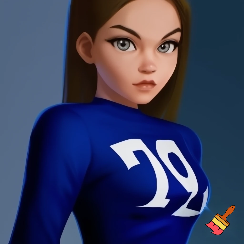 Девочка со средними волосами с прямой челкой с серыми глазами и в синем  лонгсливе с числом 07