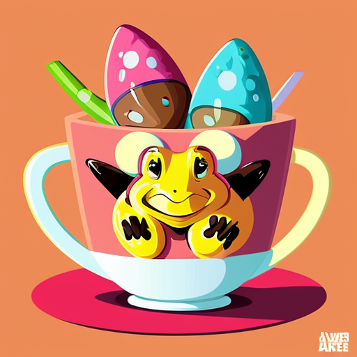 A hillarious, funny boho toad with some hippie colored coffee cups. Psychedelic decorated background.