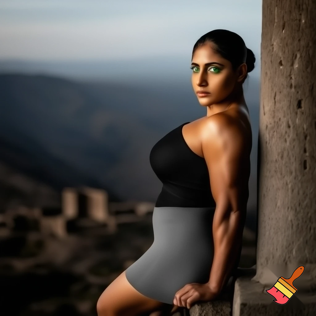 Hyper realistic portrait in natural light, subject is a 27's red woman with green eyes , statuesque physique with a large but well-weighted breast, a black top, gray miniskirt and a sculpted ass, full-length person from head to toe, on a railing overlooking a mountain valley with ancient ruins, illuminated by soft diffused light from the side; extremely detailed skin texture with visible pores and micro contrast; neutral and faithful color rendering; shallow depth of field with smooth, creamy bokeh; 85mm f/1.4 lens; strong sense of physical presence and three dimensionality; realistic colors with no excessive saturation; advanced sharpness on eyes and facial features; medium format style photographic quality, professional studio feel, authentic and unposed atmosphere, hair tied back, bokeh, she's looking the horizon and leaning against a column.