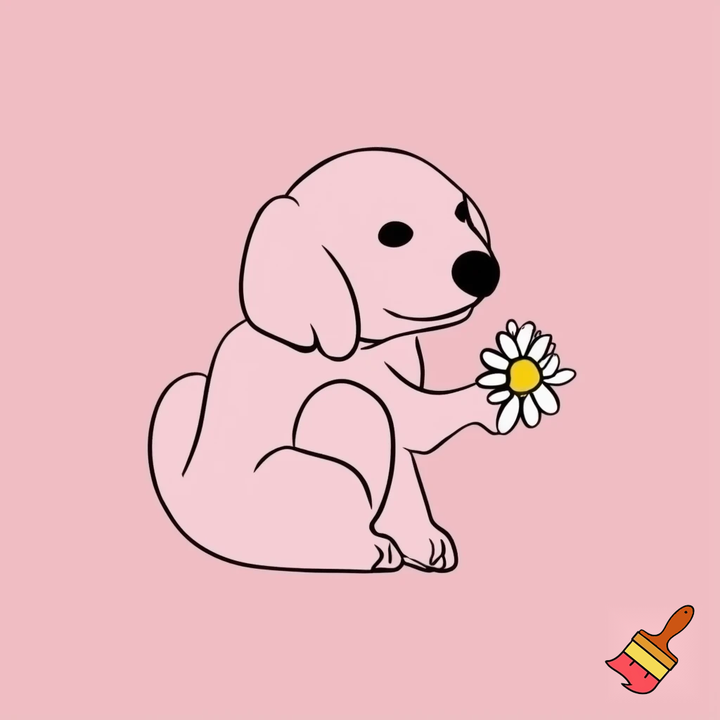 A minimalistic simple cute pink kawaii puppy holding a daisy flower, Japanese drawing style.