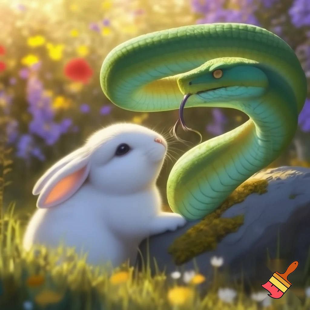 creat a picture of a snake and bunny as friends