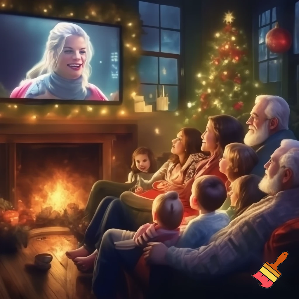 Make me a nice cosy Christmasy family in the living room watching a movie