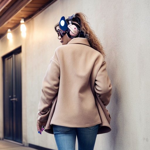 génère moi une femme de 50 ans qui a un brushing cheveux soignés , des écouteurs , elle tient un télephone ,elle porte une paire de basket colorés  , un long manteau beige , un chemisier a fleur rose clair , un jean baggy bleu , une paire de lunettes fines , a son poignet elle porte une montre  , elle porte des bijoux  en une seule image , on doit voir toute sa tenue entiere de la tete au pied , elle doit etre maquillée , et le fond derriere doit etre blanc 