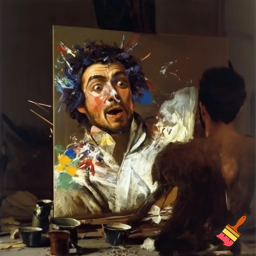Create a random funny guy painting on a canvas but it gone horribly wrong but he is still human