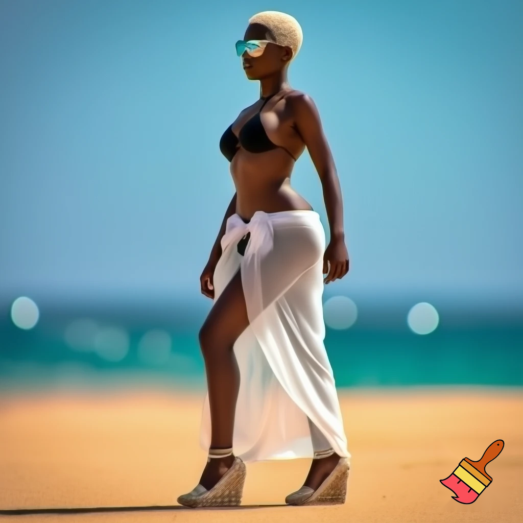 Sexy woman with a pearl blonde pixie cut wearing rimless sunglasses, a bikini, a sarong and espadrille wedges 