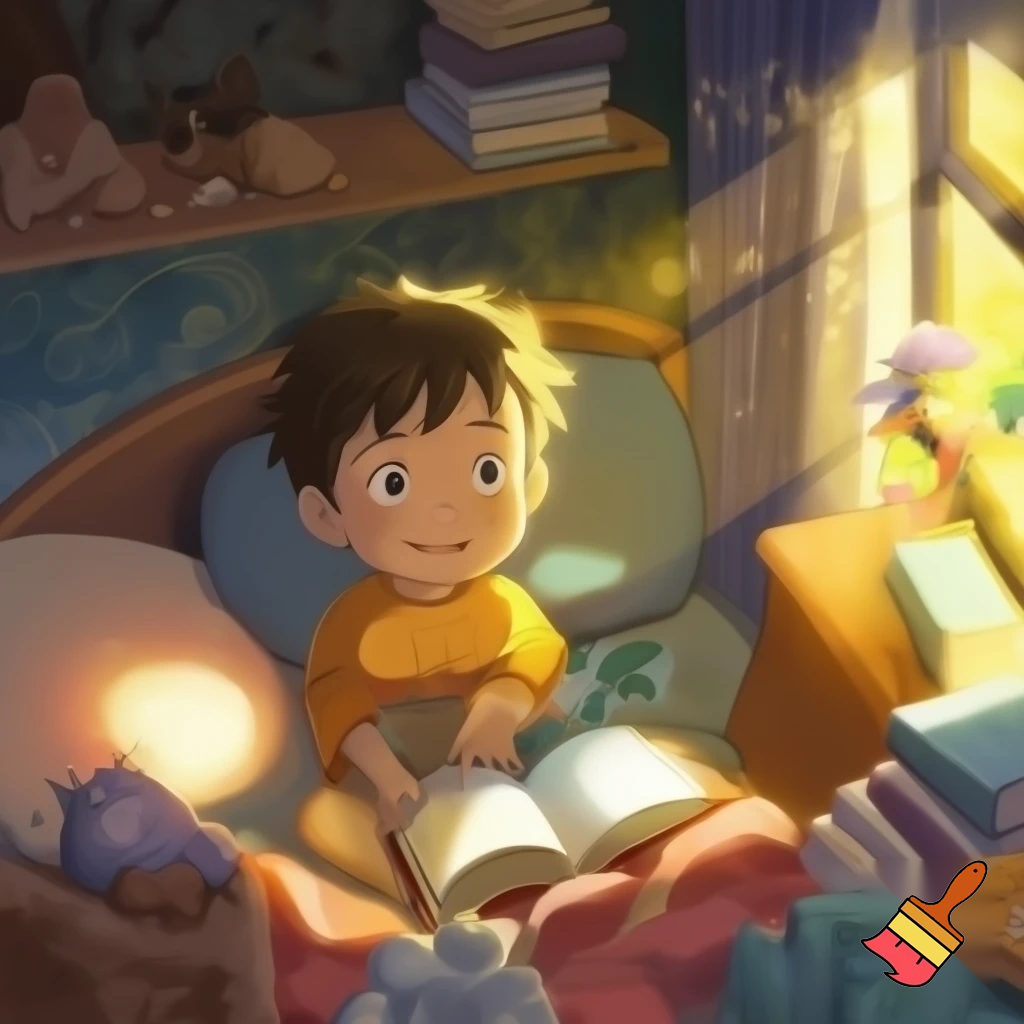 ghibli artstyle, a 7 year old boy reading a book at his room.