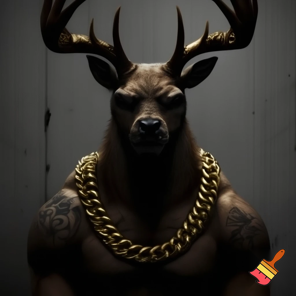 mugshot of a buff deer with goldchain and tatoos
