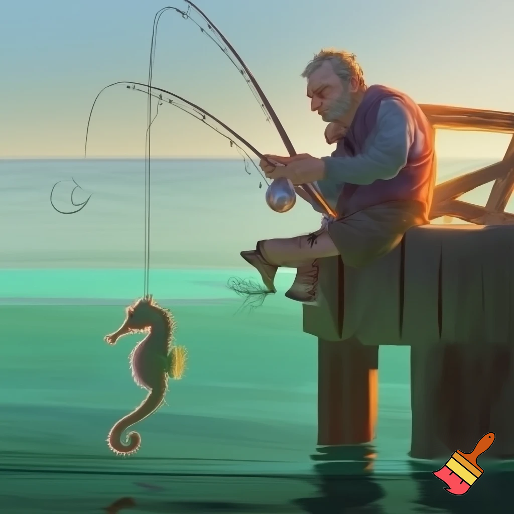 Immagine di un pescatore pensieroso ed indeciso su quale tecnica alieutica debba usare per catturare un cavalluccio marino.
Mostrare le diverse possibilità in una serie di nuvolette nel cielo azzurro.
Lo stile deve essere cartoon.