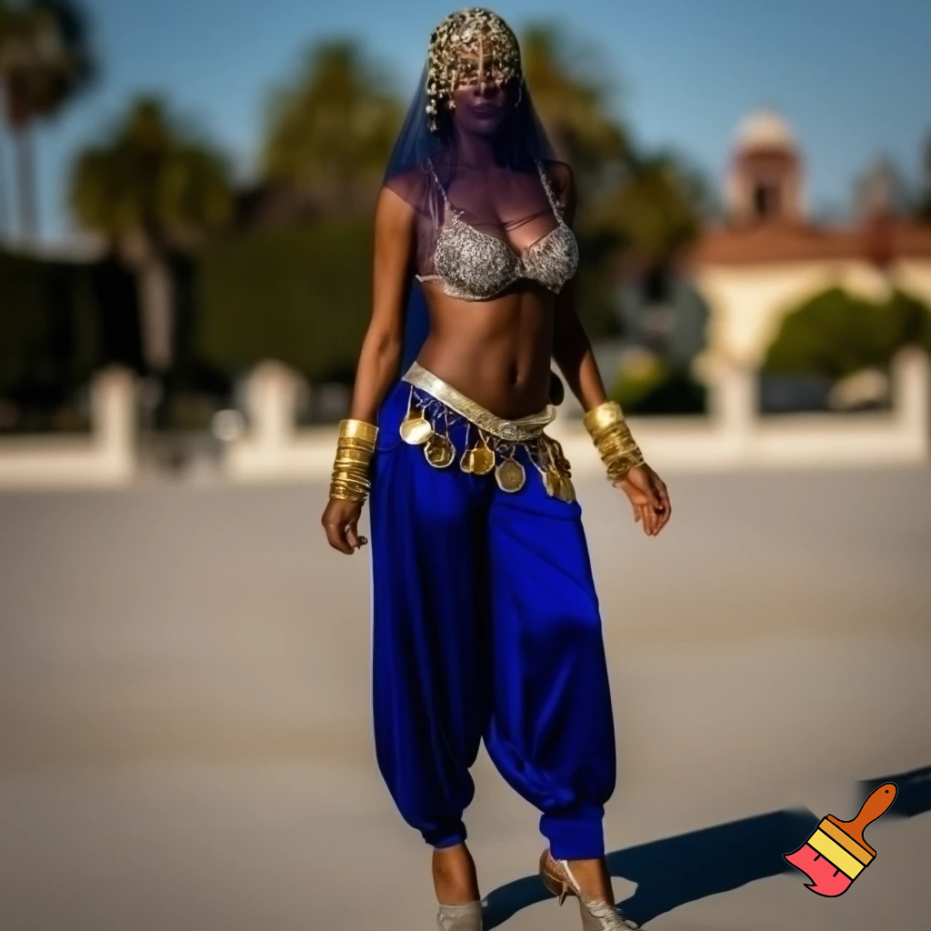 Attractive Moroccan woman with dark skin wearing a headpiece, a veil, ornate cuffs, a bejeweled bra, a coin belt, harem pants and ballroom dance shoes in California 
