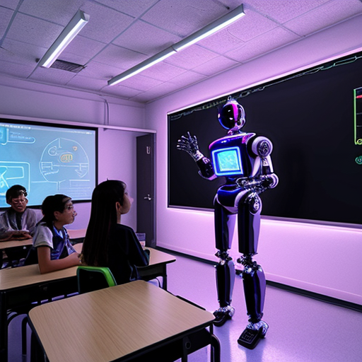 a robot teaching students in a holographic ai powered smart classroom ,digital screeens ,neon lighting
