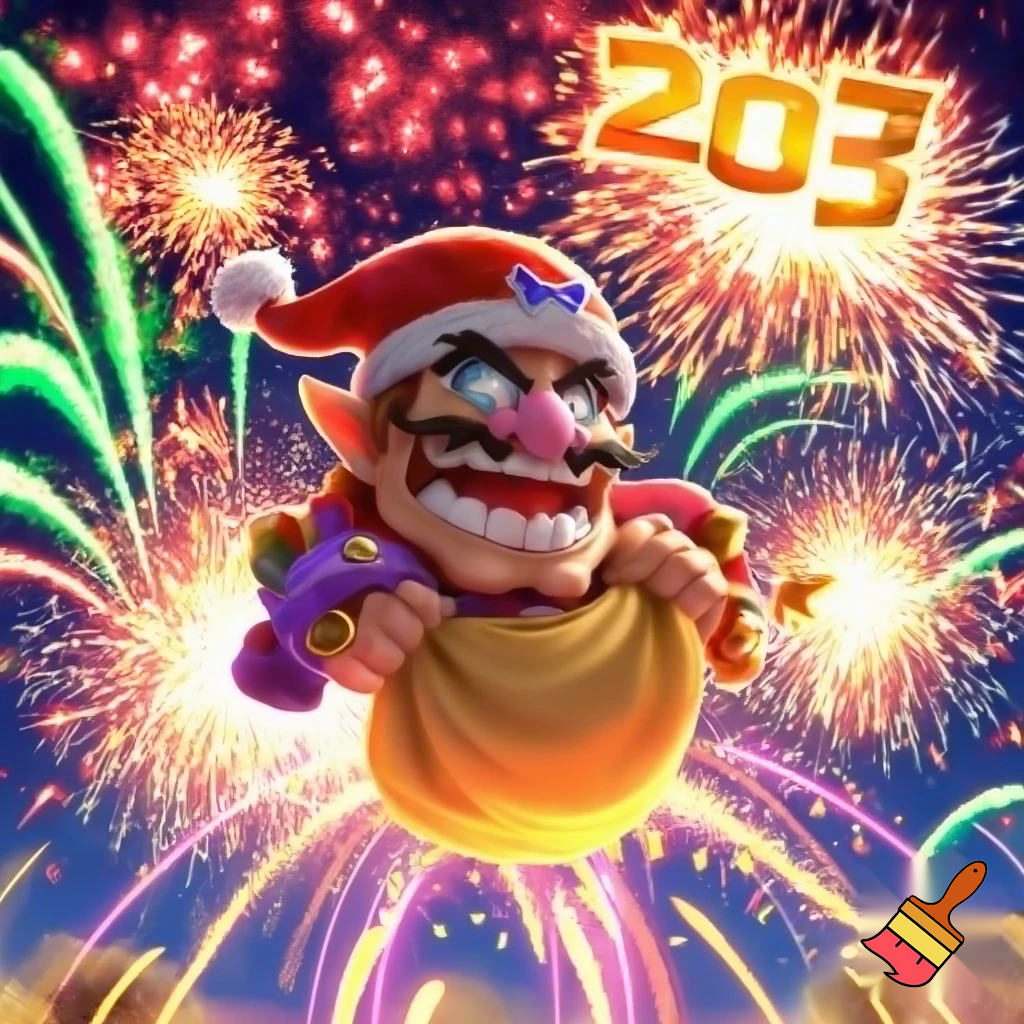 Wario in a Santa hat with fireworks saying 2026