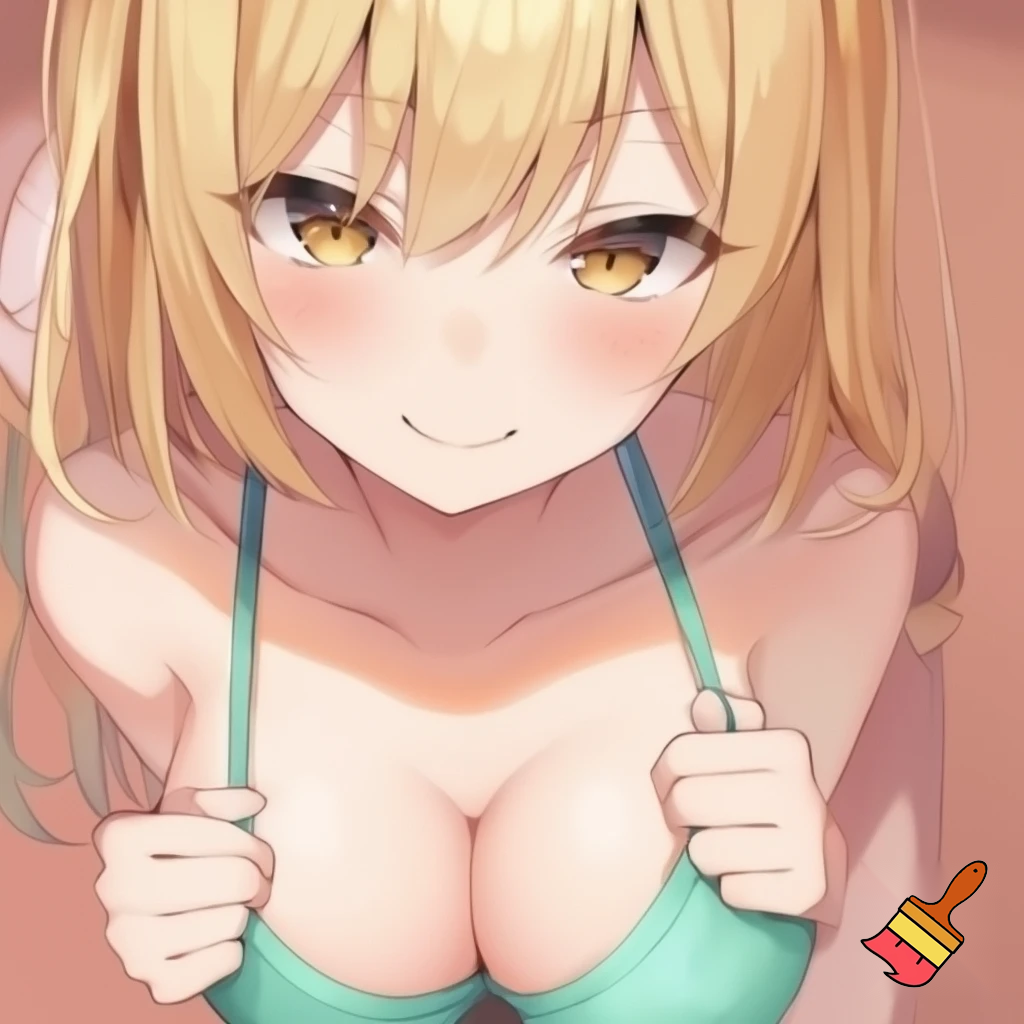 Anime girl with small breasts in a Bra and a Seductive Smile, cute with teal underwear clothes and blonde hair and hazel eyes
