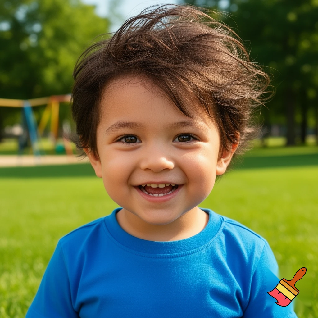 create a 2-year-old boy with dark brown hair also make him kind of tan 