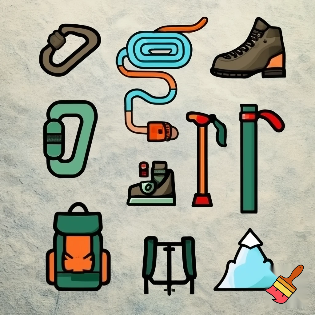 draw me multiple icons of climbing and hiking items