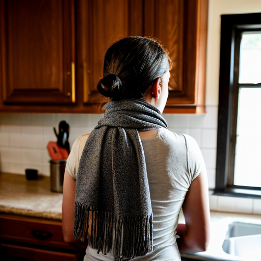 Back shot, close, A 14 year old standing. Her hands dried in mud. Wearing a scarf. Standing near kitchen counter.