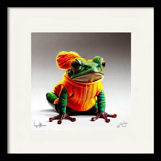 A laughable, puzzled animal toad in woolen, multicoloured winter clothings with woolen winter cap. Hyperrealistic art style.