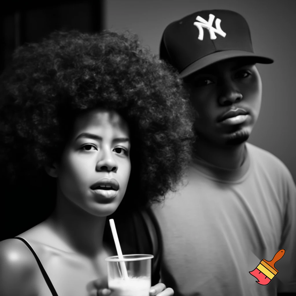 Kelis with a voluminous curly brown hair Afro wearing a orange camisole holding a Milkshake and Nas is wearing a ny hat and a t shirt Black and white image of Kelis and Nas 