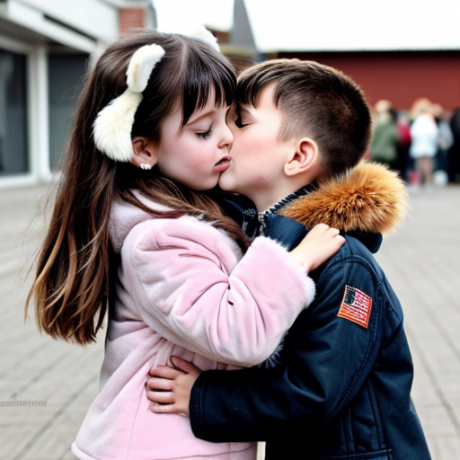 A cute little girl with a faux fur jacket that looks like fox fur, and she has fox ears. She is hugging a little boy and kissing him