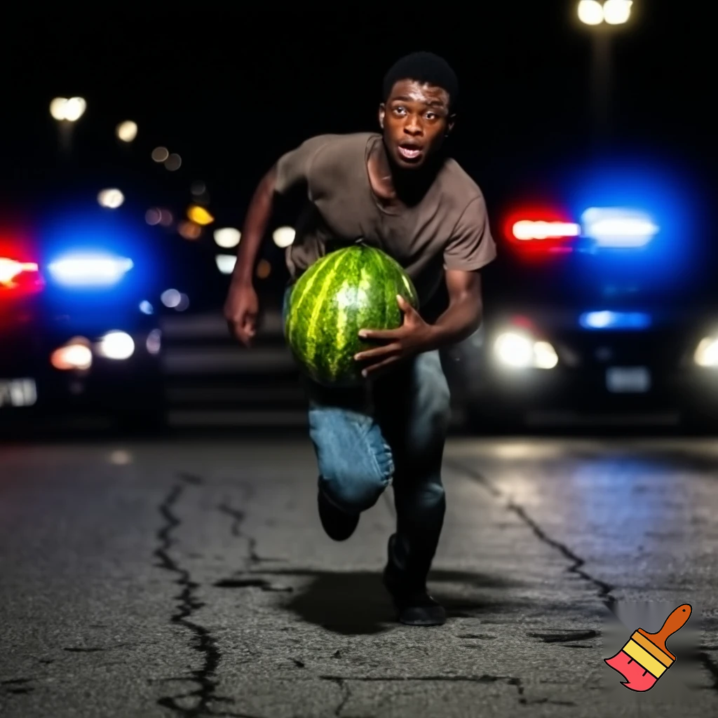 black guy running from cops with stolen watermelon