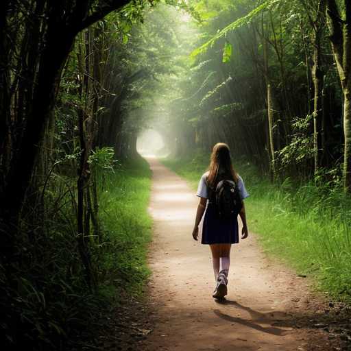 “Teen girl walking home through Amazon path, soft mystical glow behind her.”