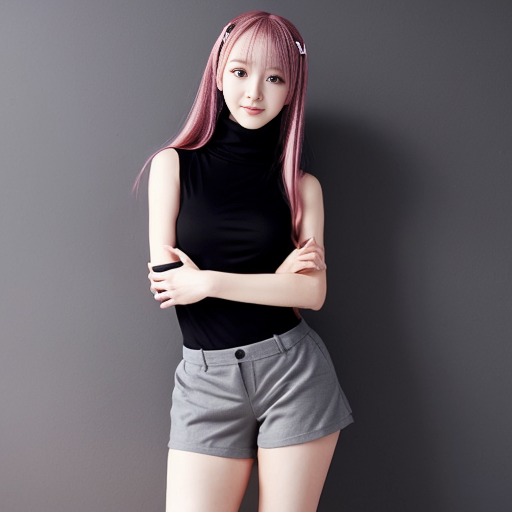 Anime girl wearing turtleneck Black proptop sleeveless with shorts 