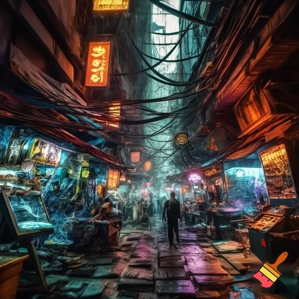 Un mercato cyberpunk affollato in un vicolo stretto, luci al neon che illuminano bancarelle tecnologiche, cavi sospesi ovunque, venditori con impianti cibernetici, insegne in lingue miste, atmosfera umida e realistica, resa fotografica 8K.