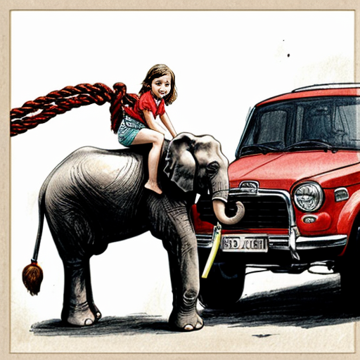 Draw an elephant pulls a red car with the rope, a girl sitting in the car holding the steering, a man sits on the elephant's back.