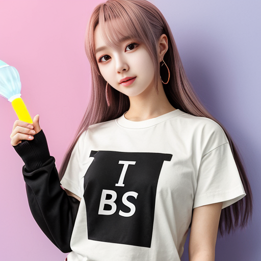 an anime girl holding a bts lightstick and has neni written on her shirt
