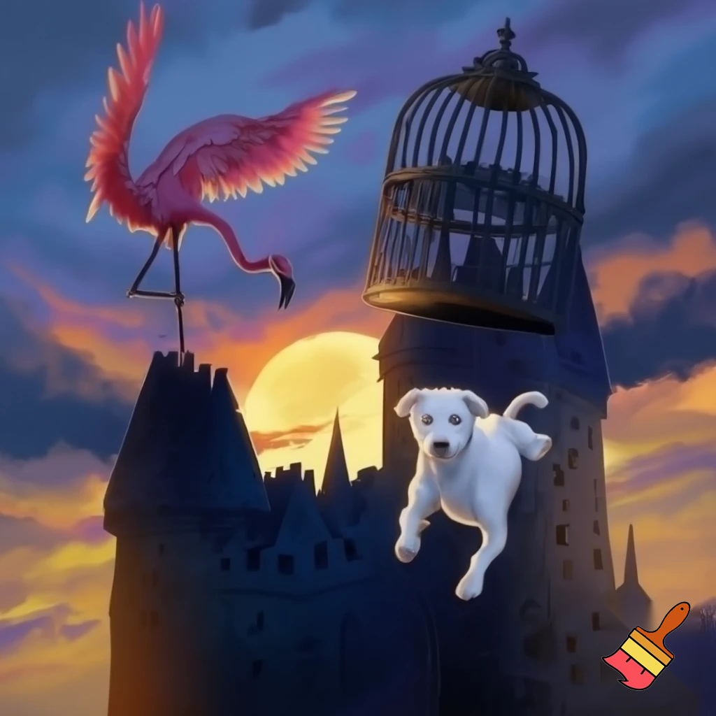 A white dog help the female flamingo (bird) to save her boyfriend from the evil king’s castle. Flamingo’s boyfriend is trapped in big bird cage (cage is top of the roof of evil king’s castle)