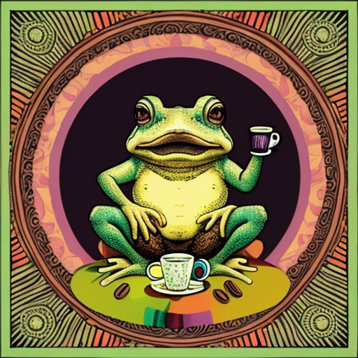 A hillarious, funny boho toad with some hippie colored coffee cups. Psychedelic decorated background.