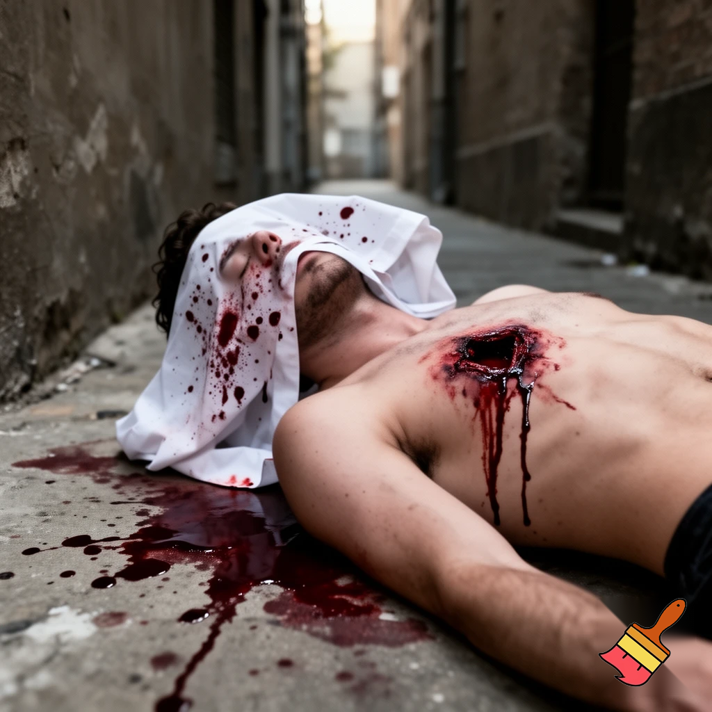 A corpse shirtless man, died, face are hiding by shirt, eye closed, chest opened wounded, blood everywhere