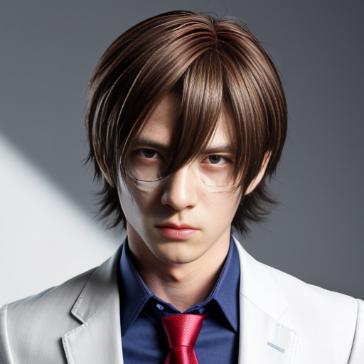 Haruka Sakura from Wind Breaker anime, male character, upper body portrait, serious and silent expression, battle-ready stance with slightly turned shoulders, hair short, straight with slight waves at ends, left side hair white, right side hair black, hair slightly messy and flowing with motion, heterochromia eyes: left eye gold, right eye dark blue, sharp and focused gaze, natural anime skin tone, wearing standard Furin High School uniform with small tears and battle damage details, white shirt slightly rumpled, navy blazer with emblem, red necktie, hands clenched and ready for combat, anime-style gloves on hands, dynamic pose suggesting imminent action, subtle motion lines for movement, simple light-colored background, clean and sharp anime line art, vibrant and saturated anime colors, realistic shadows and highlights on hair and clothing, determined and calm demeanor, slight wind effect making hair and tie move, upper body emphasis showing shoulders and chest area clearly, faithful to original character design, intense and focused aura.