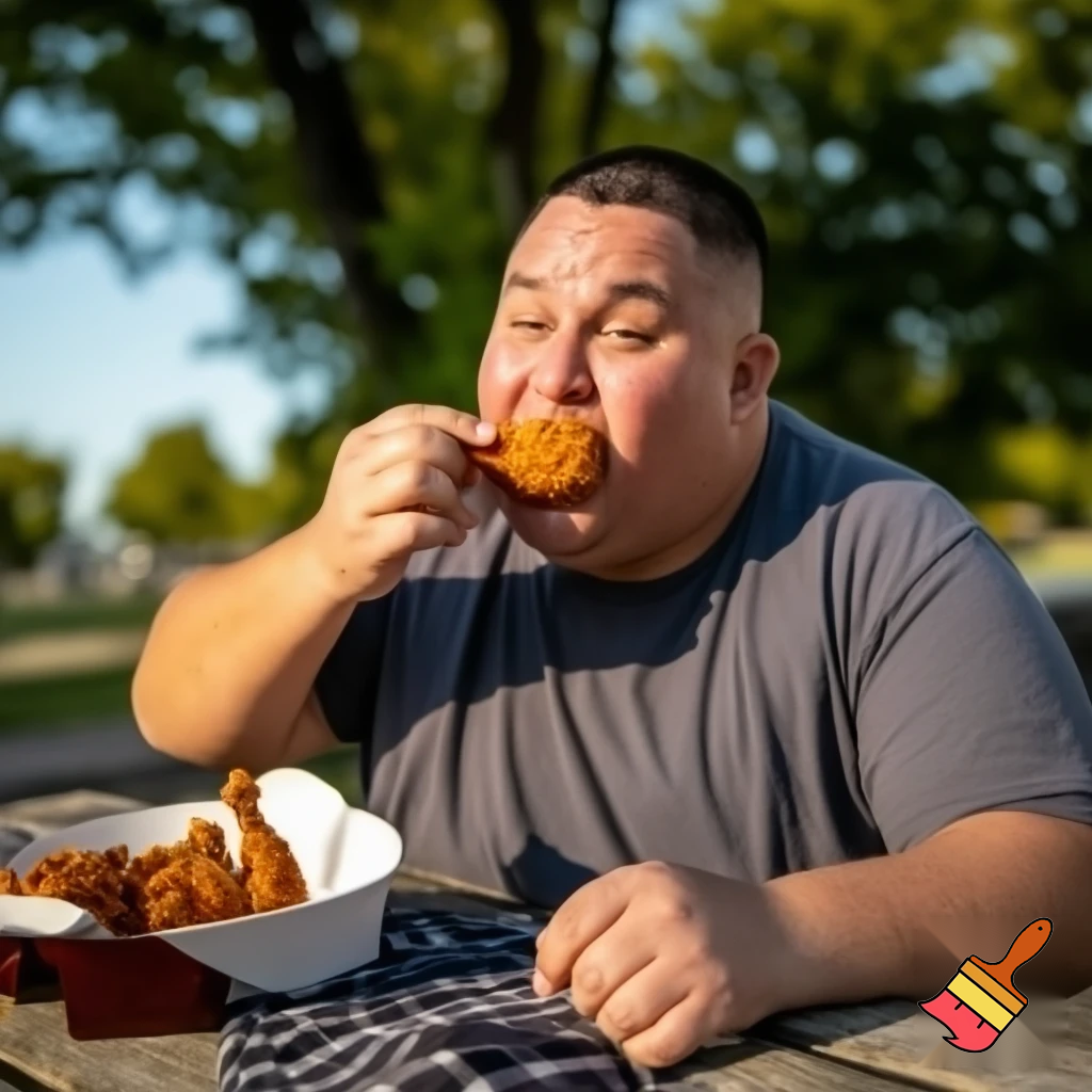 a fat guy eating fried chicken