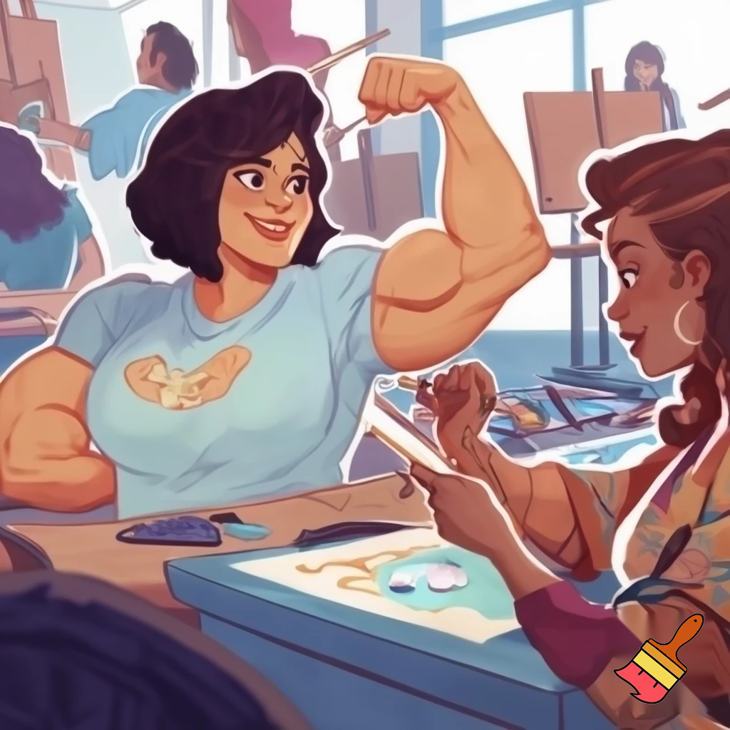 Luann Comic Strip: 19 year old Bernice Halper flexes her muscles while her bestie(Luann) draws her posing at her college art class: cartoon comic strip style