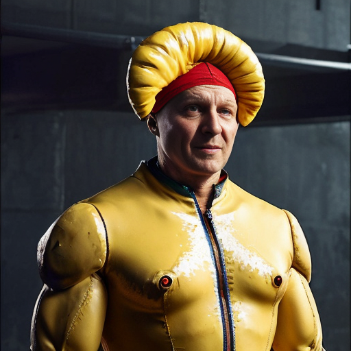 peux tu générer un homme requin humanoïde  qui porte un costume jaune abimé. Ses bras portent  des ailerons de requins. Il est musclé et à l'air méchant. Il porte un chapka russe sur la tête. 
Représente le de plein pied et insiste sur son côté requin terrifiant.