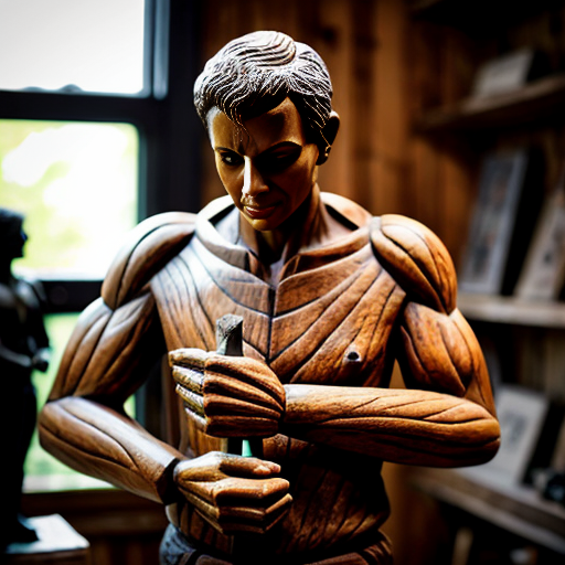 Hyper-realistic documentary style photograph of a teenage wood sculptor carving a life-size full-body wooden statue (9:16 scale) of [Black adam ], the statue is standing upright in a neutral pose, the statue is the same height as the sculptor or slightly taller, full body visible from head to feet, realistic human proportions, extremely detailed wood grain, visible chisel marks, carved clothing folds, the sculptor is standing close and working on the statue’s leg area using a hammer and chisel, outdoor rustic workshop, wooden logs and planks around, sawdust and wood shavings scattered everywhere, natural soft sunlight, cinematic bokeh, natural shadows, realistic earthy tones, Nikon DSLR photo, 85mm lens, f/1.8 depth of field, ultra sharp focus on the statue and the sculptor hands, 8K realism, professional documentary photography, no text, no watermark