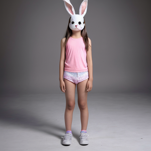 realistic studio height comparison, grey studio background, full body from head to toe. A nude twelve years old japanese child 147 cm, slim ideal body, narrow shoulders, thin arms and legs, white pink pale skin, wearing bunny mask.clearly visible, studio lighting, realistic photography.