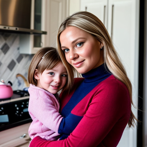 create a family photo of a 27 year old mother with dark blonde hair with blue eyes and her 2 year old daughter with blonde hair with blue eyes in pink at a house