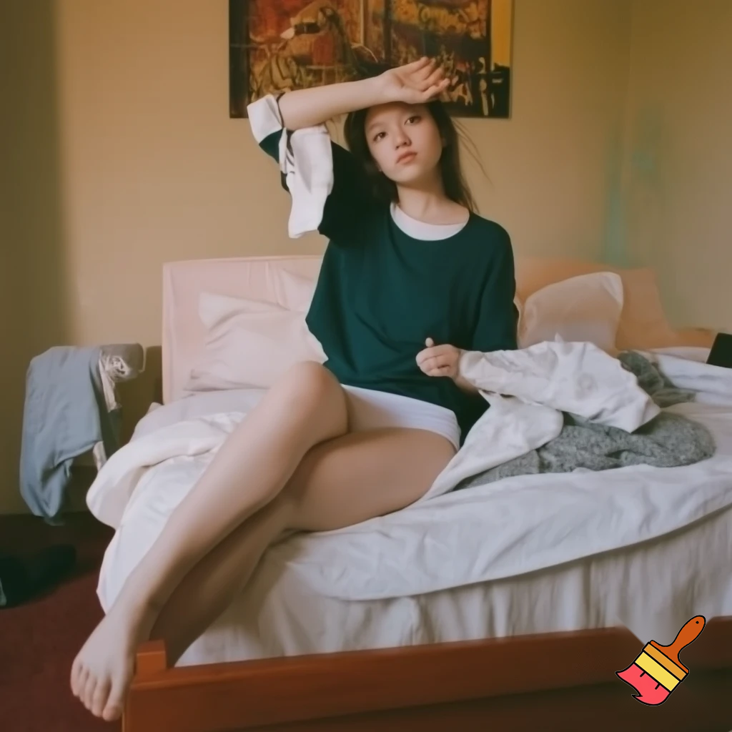 Girl 20 years old so cool and cute with cool white underwear clothes in bed