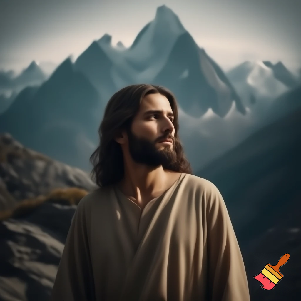 generami un'immagine che fonda gesù e una montagna