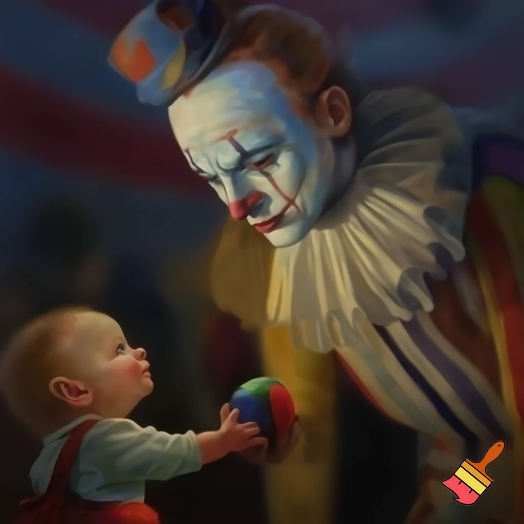 I want a picture of a circus clown with his face clearly visible, showing all the details. He should be looking sad, wearing a circus hat, and standing. In front of him is a child giving him a small circus ball, and the child is happy. The child looks at the clown's face.The clown and the child should be depicted with all the details of their bodies, including their hands and feet. I want it to be realistic, not a cartoon 