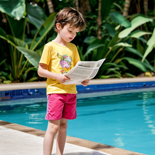 A serious cartoon child in a yellow shirt and pink shorts stands barefoot by a swimming pool, reading a paper, surrounded by tropical plants.
