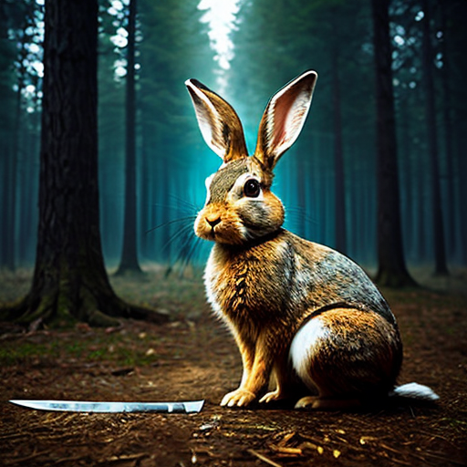 European rabbit, holding knife, dark forest, evil,
