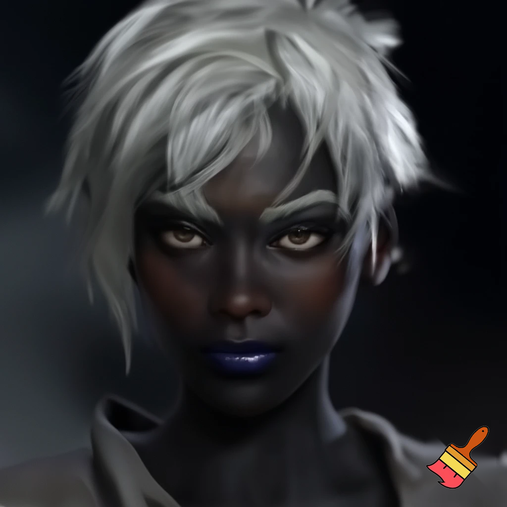portrait of female character with thick, white, unevenly cut thick hair, realistic, smooth face, charcoal black skin, caucasian features, unkempt hairstyle, lending the person an edgy and adventurous appearance, dark adventure atmosphere, transparent background